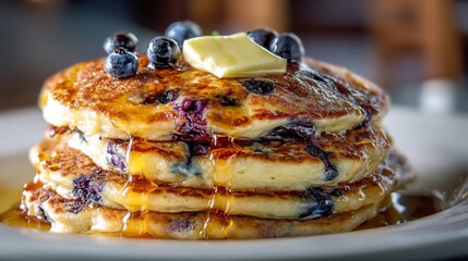 Fluffy Blueberry Pancakes Served With Syrup and Butter on a White Plate for Breakfast