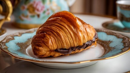 Delicious Golden-Brown Croissant Filled With Rich Chocolate Served on Fine China