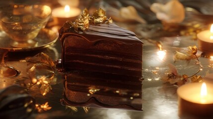 Indulgent Chocolate Cake Slice Adorned With Glossy Ganache and Elegant Garnishes