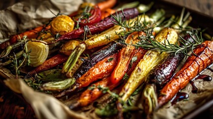 Delicious Roasted Vegetables With Herbs and Colors on a Rustic Baking Tray