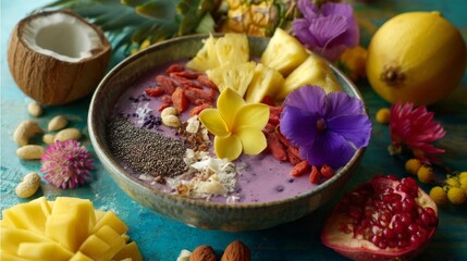 Enjoy a Vibrant Vegan Smoothie Bowl Topped With Colorful Tropical Fruits and Edible Flowers
