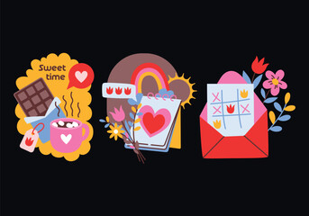 Obraz premium Spring and summer set of holiday compositions in retro cartoon style, Cute doodle illustrations in 80s-90s style, trendy flat stickers for decor and printing. Sweets, mug with tea, calendar, envelope.