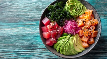 Vibrant Poke Bowl Featuring Colorful Diced Fish and Fresh Toppings on Wooden Surface