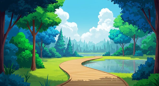 Cartoon Forest Path & Pond Landscape