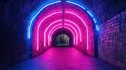 Obraz premium Pink and Blue Neon Lights in a Brick Tunnel.