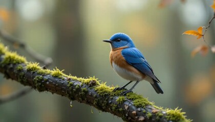 Vibrant Bluebird on Mossy Branch in Autumn Forest