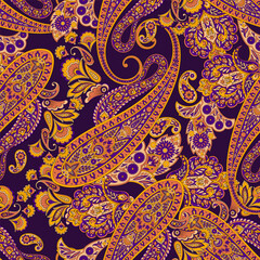 Floral seamless pattern with paisley ornament. Vector illustration in asian textile style