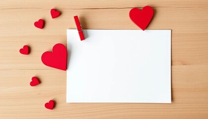 Blank square card mockup, red heart clothespin, Valentine's Day, wood texture, top view,  template,  wooden
