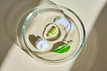 A set of cosmetic textures for the home routine of face and body care in a petri dish.