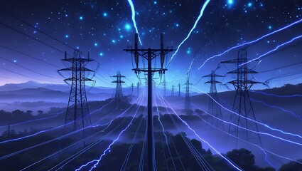 Electric power lines illuminate the dark night sky with bright energy lines under a starlit space