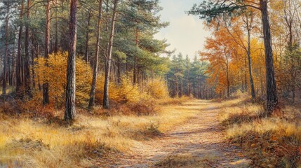 Fototapeta premium Landscape of pine forest trail in autumn, fallen needles on the ground, serene background