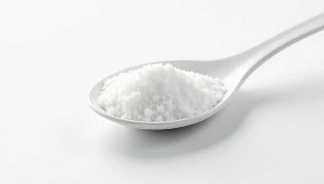 Spoonful of white sugar against white backdrop, high key, sprinkle