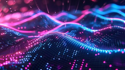 Obraz premium Abstract digital landscape of flowing waves made of glowing pink and blue particles on a dark background, representing data, energy, or sound. 