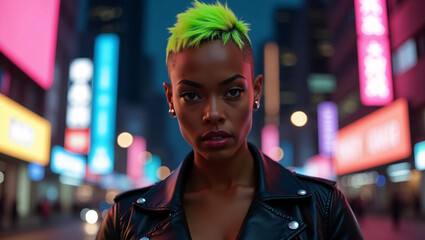 A stylish woman with vibrant green hair confidently poses on a city street, illuminated by neon lights. She exudes a captivating energy, commanding attention in this urban scene.