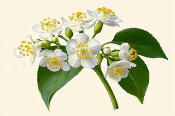 Delicate White Blossoms with Yellow Centers and Lush Green Leaves