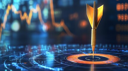 Gold dart precisely positioned in center of a target.