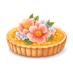 Dessert Tart with Custard Filling and Flowers on a White Background Still Life