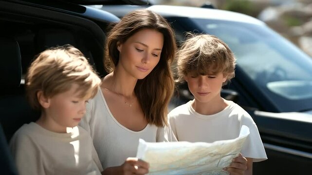 Family enjoying a road trip with GPS on a bright afternoon