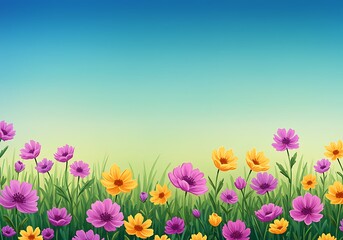 Fototapeta premium Vibrant Spring Flowers Meadow, Blue Sky Background