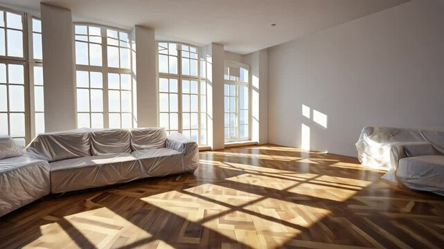 Furniture wrapped in plastic in a new house.