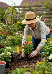 Fototapeta premium Elderly Woman Gardening: Planting Flowers in a Vibrant Garden