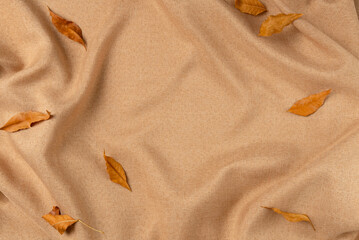 Brown fabric with leaves as concept background. Copy space
