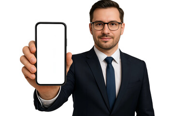Businessman Holding Smartphone with Blank Screen Isolated on Transparent Background
