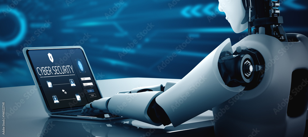 Poster cyber security system on computer screen protect private information snugly from hacker and cyber at