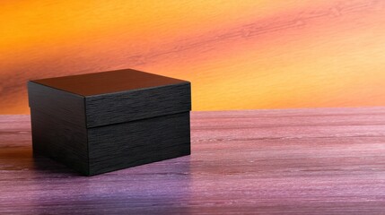 A sleek black gift box sits on a colorful wooden surface, with a vibrant orange and purple background