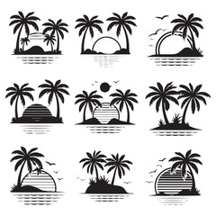 Palm Trees at Sunset: A collection of nine minimalist black and white illustrations showcasing palm trees silhouetted against setting suns and tranquil tropical island scenes.