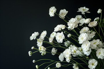 Elegant white ranunculus flowers on dark background