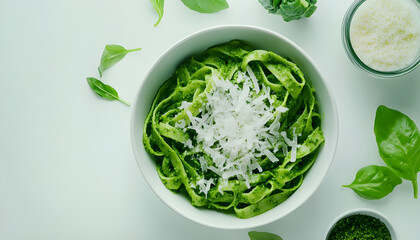 Obraz premium Spinach pasta with pesto sauce and grated cheese in a white plate on a light background. Italian food, Mediterranean cuisine. Green tagliatelle pasta with pesto and parmesan
