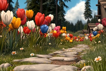 Colorful Tulips and Daisies Line Stone Path in Sunny Forest Clearing