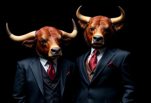 Bull and bear in suits, united against black background, bear market, stock market