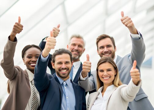 A diverse group of professionals display thumbs up, symbolizing positivity and teamwork. The image captures a moment of celebration and approval, reflecting unity and encouragement in a collaborative