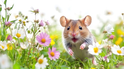 A mouse running through a field of flowers, with a cheerful expression, on a white background