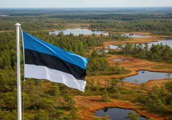 Waving Estonian Flag Symbolizing Northern Skies Over Forests Bogs and Lakes of Lahemaa National Park