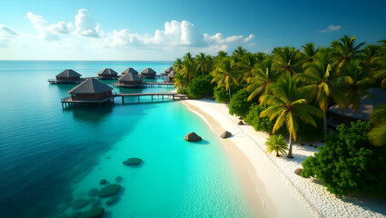 Obraz premium Serene Tropical Paradise, Azure Waters, Pristine White Sands, and Lush Palm Trees create an Idyllic Island Getaway with Overwater Bungalows for Ultimate Relaxation