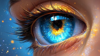 Close Up Of A Sparkling Blue Eye With Golden Glitter And Cosmic Background