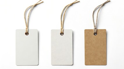 Three tags hanging on white background mockup