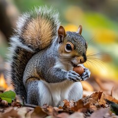 Obraz premium Grey squirrel enjoying a nut in autumn leaves