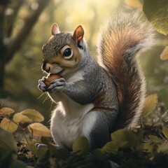 Fototapeta premium Adorable squirrel enjoying a nut in a forest