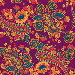 Madhubani, Kalamkari, Chinz, and Kani seamless pattern. Shirting fabric, Ajrakh and Ikat styles. Patola backdrop. Floral allover design