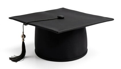 Black graduation cap, tassel, mortarboard, academic regalia Isolated on white background Perfect for education, achievement themes , school, graduation hat