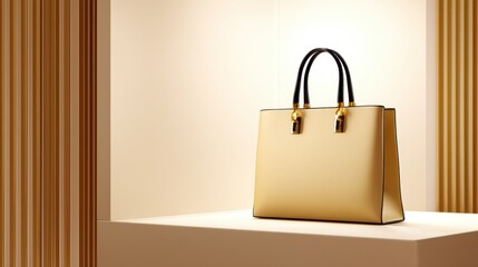 Elegant golden handbag displayed on a minimalist pedestal with soft lighting in a chic boutique