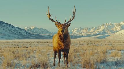 Majestic elk standing in a snowy mountain landscape during golden hour