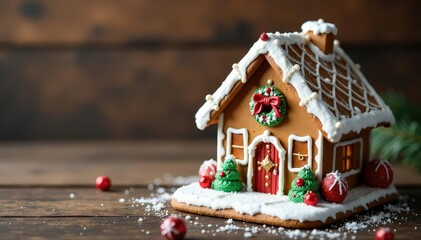 Charming gingerbread house Christmas decoration on rustic wooden background Festive, sweet, holiday, winter , wood, scene, snow