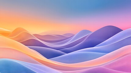 A vibrant digital - art landscape featuring undulating, multicolored waves under a gradient sky, evoking a sense of fluidity and tranquility. 