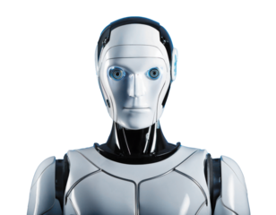 close up humanoid robot on isolated blue background