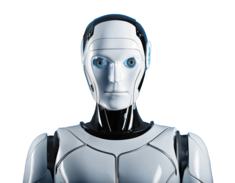 close up humanoid robot on isolated blue background - Powered by Adobe